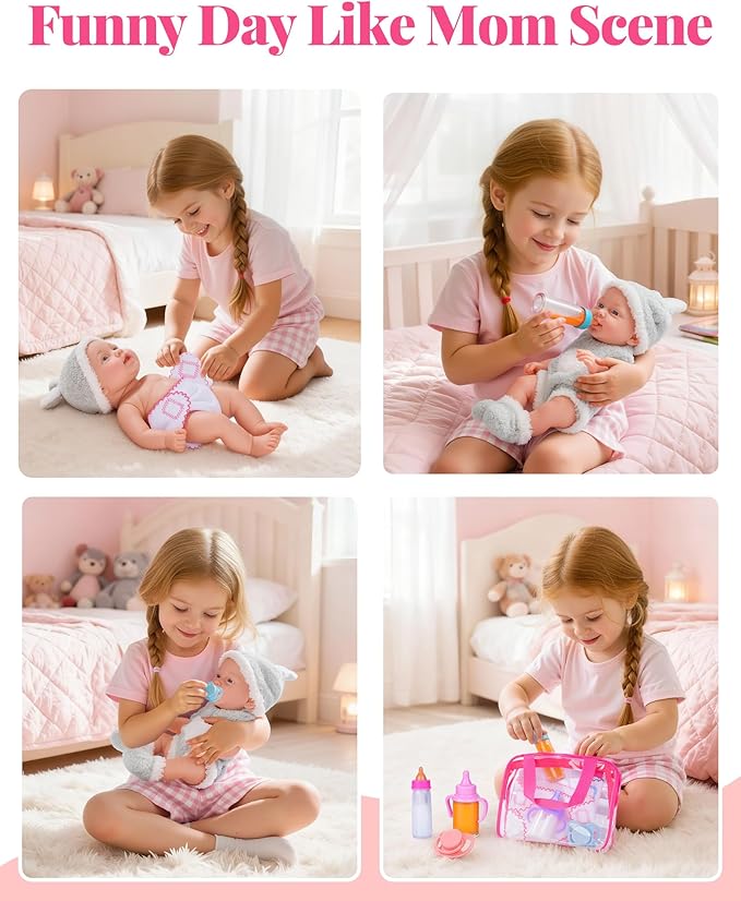 BABESIDE Baby Doll Accessories – 13 Pcs Feeding Set with Magic Bottles, Pacifiers, Bibs, Diapers & Carry Bag, Pretend Play Kit for 12–15 Inch Dolls