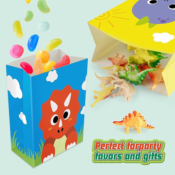 Mocoosy 24Pcs Dinosaur Party Favor Bags, Kids Goodie Bags for Birthday Favor Supplies, Dinosaur Candy Treat Bags Small Paper Gift Wrap Bags for Dinosaur Theme Birthday Party Baby Shower Decorations
