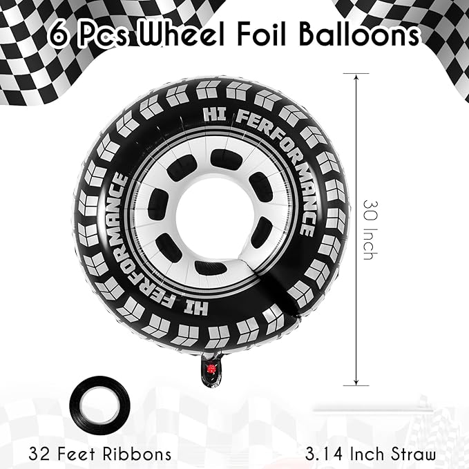 6 Pcs Large Wheel Balloons, 30 Inch Foil Tire Balloons Race Car Wheel Balloon, Race Car Party Decorations for Birthday Party Racing Theme Party Supplies