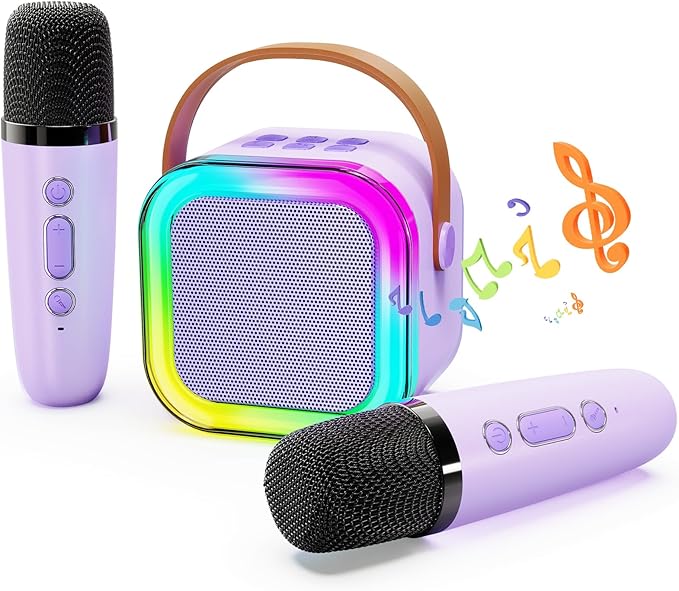 ShinePick Kids Karaoke Machine with 2 Wireless Microphones Portable Bluetooth Mini Karaoke Machine Speaker Kids Toys Christmas Birthday Gift for 3 4 5 6 7 8 9 10 11 12+Year Old Girls Boys (Purple)