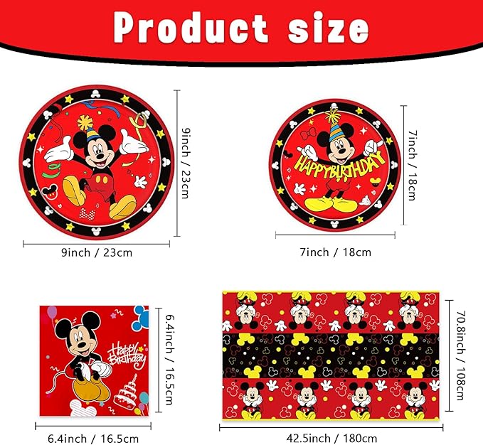 Mickey Party Supplies 41Pack include 20 plates, 20 napkins 1 tablecloth for birthday party Decoration (red2)