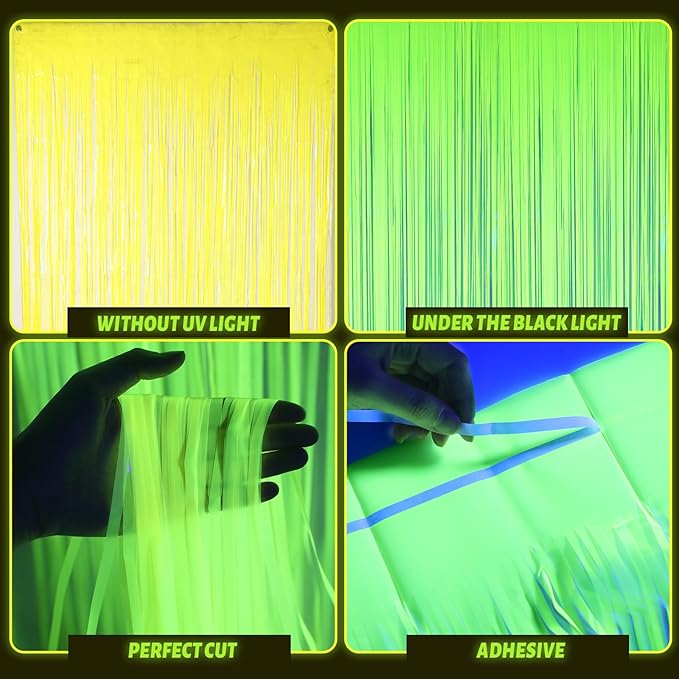 Weysat Glow in The Dark Party Supplies 4 Pack 3.3x6.6ft Neon Party Decoration Neon Tinsel Foil Fringe Curtain 2026 Vbs Photo Booth Backdrop Streamer for Birthday Decor(Blue, Purple, Yellow, Orange)