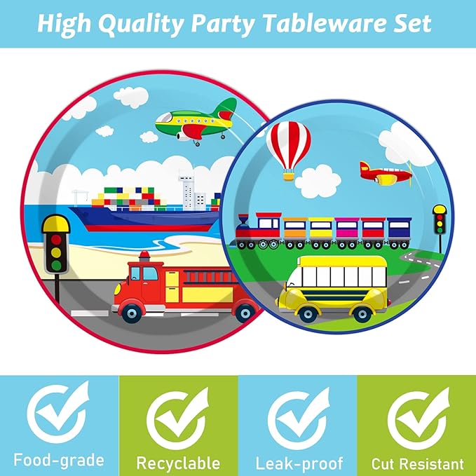 gisgfim 96 Pcs Transportation Plates and Napkins Party Supplies Car Tableware Set Bus Train Plane Ship Traffic Light Decorations Favors for Girls Boys Birthday Baby Shower Serves 24