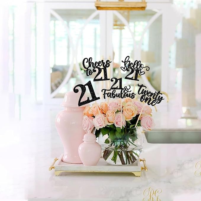 15PCS Happy 21st Birthday Centerpiece Sticks Hello 21 Cheers to 21 Birthday Table Flower Centerpieces Sticks Twenty One 21 Floral Decorations for Happy 21st Birthday Party Centerpieces Supplies Black