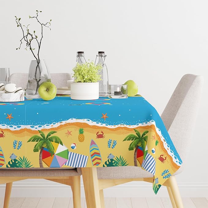 2Pack Beach Theme Tablecloth 54" x108", Summer Disposable Table Cover for Tropical Pool Party Decorations, Ocean Sand Seaside Picnic Plastic Table Cloth for Kids
