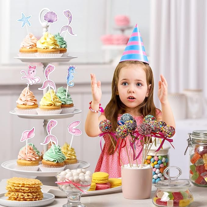 WERNNSAI 32PCS Mermaid Cupcake Toppers - Glitter Mermaid Birthday Decorations Under the Sea Cake Toppers Birthday Party Cake Decorations for Girls Kids Baby Shower