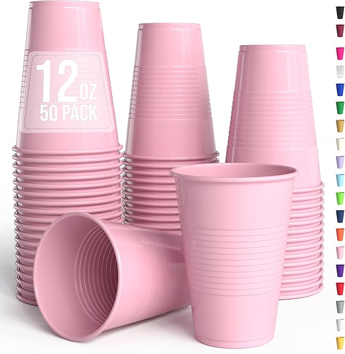Exquisite Party Solids 12 Oz Pink Plastic Cups For Party Supplies 50 Pack | Pink Disposable Cups Plastic | Disposable Drinkware For Parties, Events & Everyday