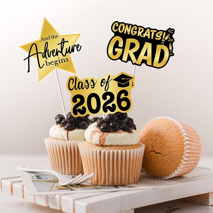 2026 Graduation Cupcake Toppers - 48 Pcs Black Gold Graduation Party Supplies Mini Cake Food/Appetizer Picks For Class of 2026 Graduation Decorations