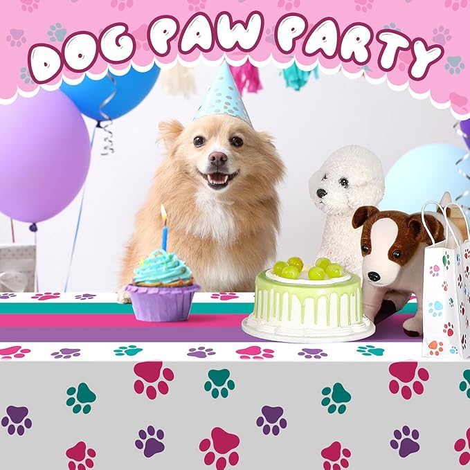 Newwiee 3 Pcs Puppy Paw Print Tablecloth Plastic Disposable Colorful Table Cover Dog Table Cloth Paw Print Party Supplies for Dog Pet Themed Party Decorations Supplies Favors, 51 x 108''