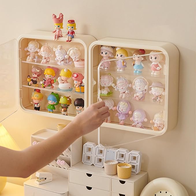 Clear Display Case for Figures, Wall-Mounted Doll Storage Box, Adjustable Display Stand with Door Dust and Moisture Proof Suitable for Lego Collectibles Action Figures Pop Mart (Cream)