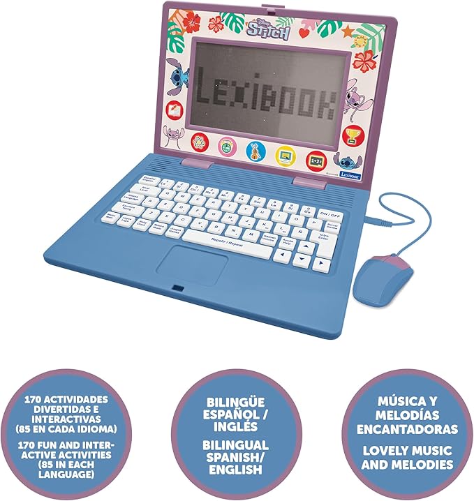 Lexibook, Disney Stitch, Bilingual and Educational Laptop Spanish/English, Toy for Children, 170 Activities to Learn, Play Games and Music, Large Screen, Blue, JC599Di2