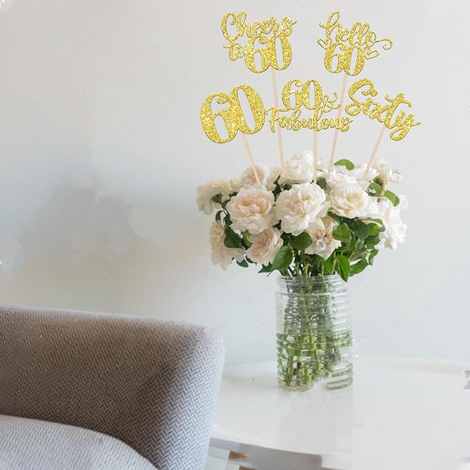 15PCS Happy 60th Birthday Centerpiece Sticks Hello 60 Fabulous Table Flower Centerpieces Sticks Sixty Cheers to 60 Years Floral Decoration for Happy 60th Birthday Party Centerpieces Sticks Gold
