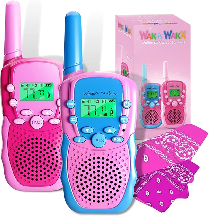 Waka Waka Walkie Talkies for Kids (2 Pack, Pink and Light Blue) — Long Range Two-Way Walkie Talkie Set with Bandanas and Whistles Included — Great for Indoor or Outdoor Play — Gift for Boys and Girls