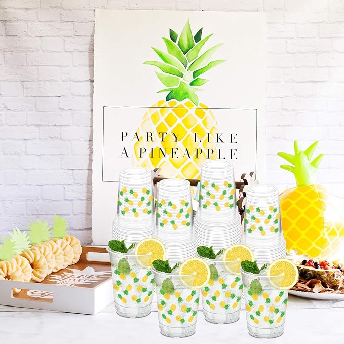 50Pcs Pineapple Cups, 12oz Pineapple Clear Plastic Cups for Yellow Fruit Themed Party Decorations Baby Shower Birthday Summer Tropical Party Supplies