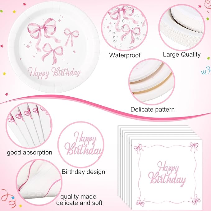 Pickmesh 194 Pcs Pink Bow Birthday Decoration Coquette Birthday Tableware Set Includes Pink Bow Paper Plates Napkins Cups Tablecloth Coquette Party Supplies for Baby Shower Bachelorette Party Decor