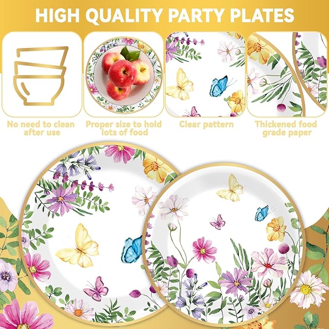 96 Pcs Spring Wildflower Party Decorations for 24 Guests Floral Tableware Plates Napkins Table Decorations Wildflower Dinnerware Party Favor for Birthday Baby Shower Bridal Shower Garden Tea Party