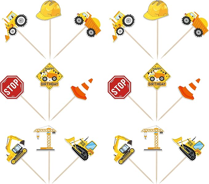 36 Pack Construction Cupcake Toppers Stop Sign Dump Truck Excavator Tractor Party Cake Picks Decorations for Construction Theme Baby Shower Birthday Party Cake Decorations Supplies