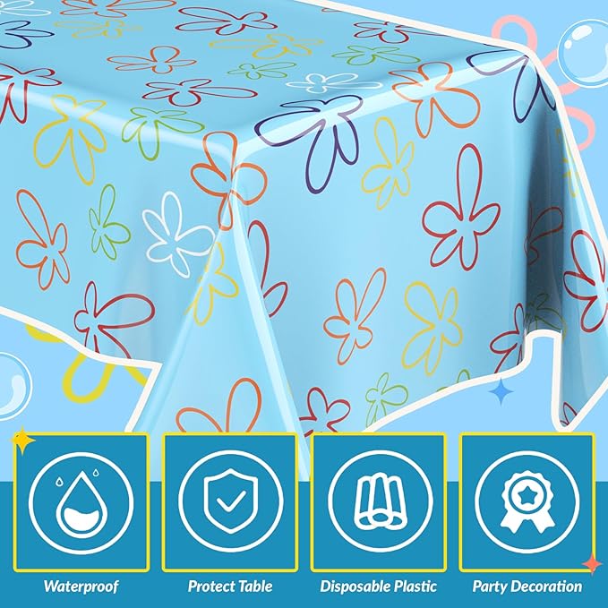 Oudain 4 Sheets Sponge Birthday Party Supplies Blue Ocean Flower Tablecloth 54 x 108 Inch Plastic Table Covers for Birthday Party Decorations