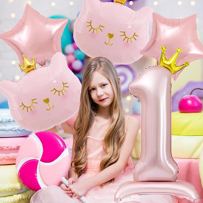 Pink Cat Balloon Set,1 Year Old Girl Birthday Party Decoration, Crown Cat Foil Balloon, Cat Theme Decoration, Theme Party Supplies for Girls Kitten (1)
