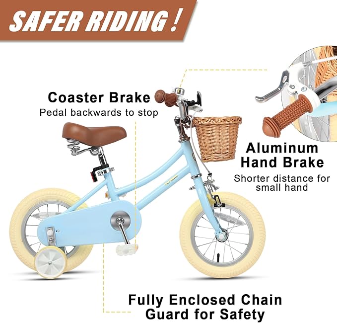Petimini Vintage Kids Bike for Girls, 12–20 Inch Classic Bicycle with Wicker Basket & Bell, High Tensile Steel Frame, Training Wheels (12–18”), 85% Pre-Assembled, Retro Bike for Outdoor Riding