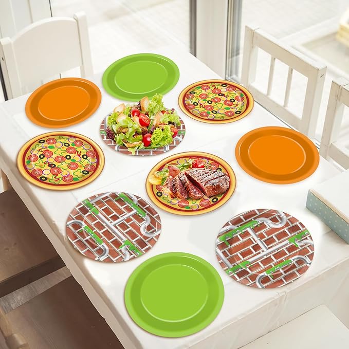 CHUNNIN 48 PCS Turtle Paper Plates Pizza Green Turtle Birthday Party Decorations Disposable Dessert Plates for Video Game Cartoon Themed Birthday Party Supplies