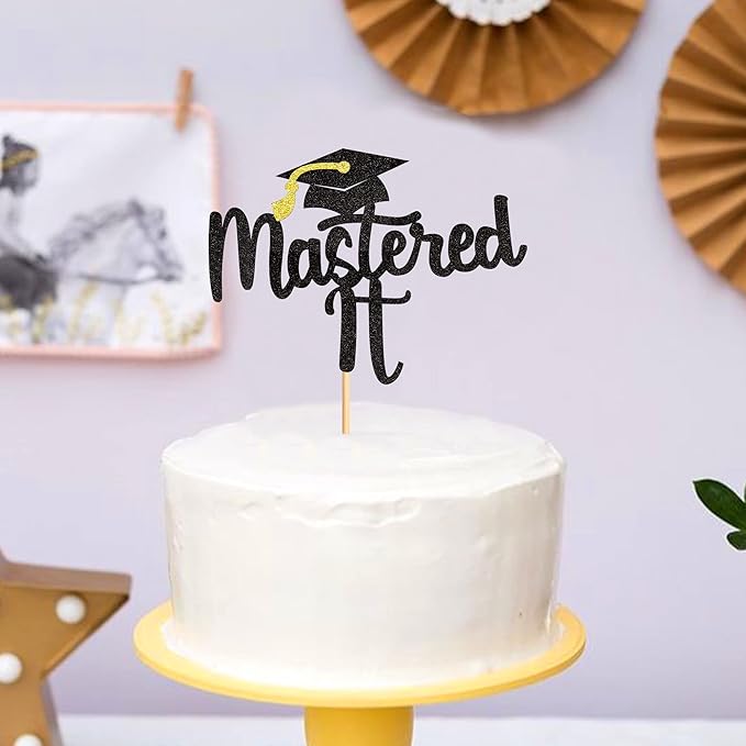 1Pc Black Glitter Mastered It Cake Topper, College Grad, Congratulations MBA Graduation Party Decorations Supplies