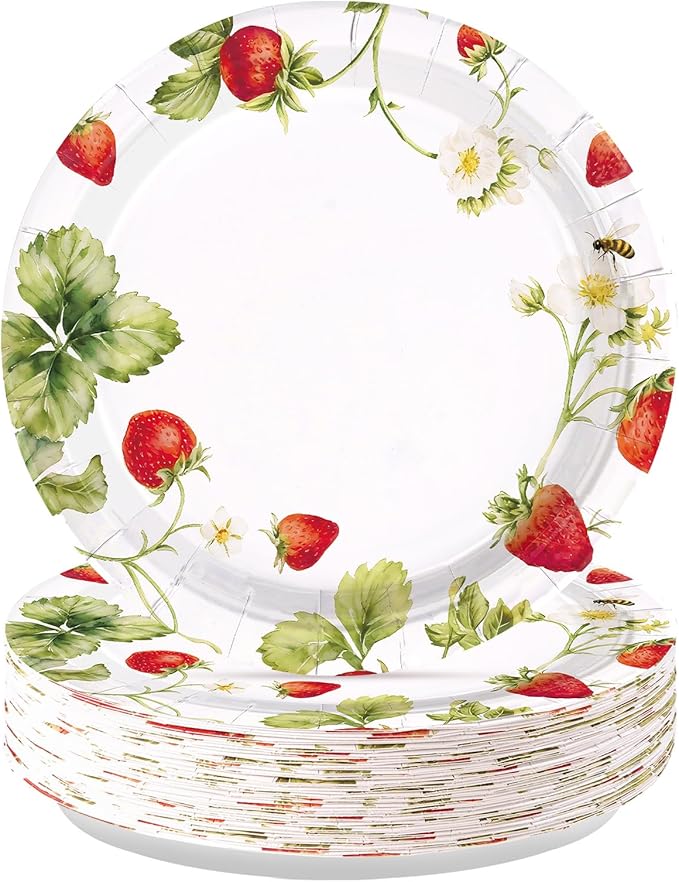 50Pcs Strawberry Paper Plates 10 Inch Heavy Duty Disposable Strawberry Birthday Party Decorations Spring Sweet Fruit Themed Plates for Girls Spring Wedding Picnic Birthday Dinner Party Supplies