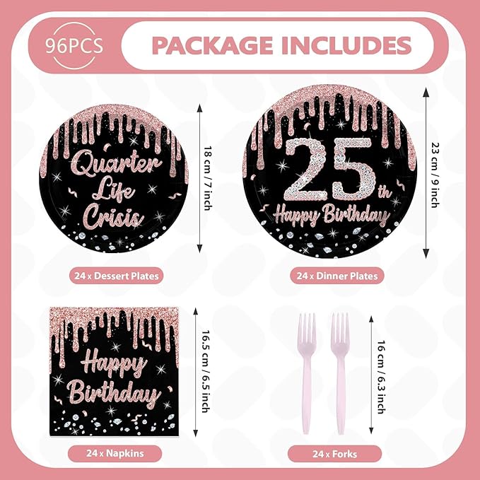 96 Pcs 25th Birthday Party Decorations Rose Gold and Black Happy 25th Birthday Paper Plates and Napkins Quarter Life Crisis Birthday Decorations for Women 25 Years Old Party Supplies Serves 24