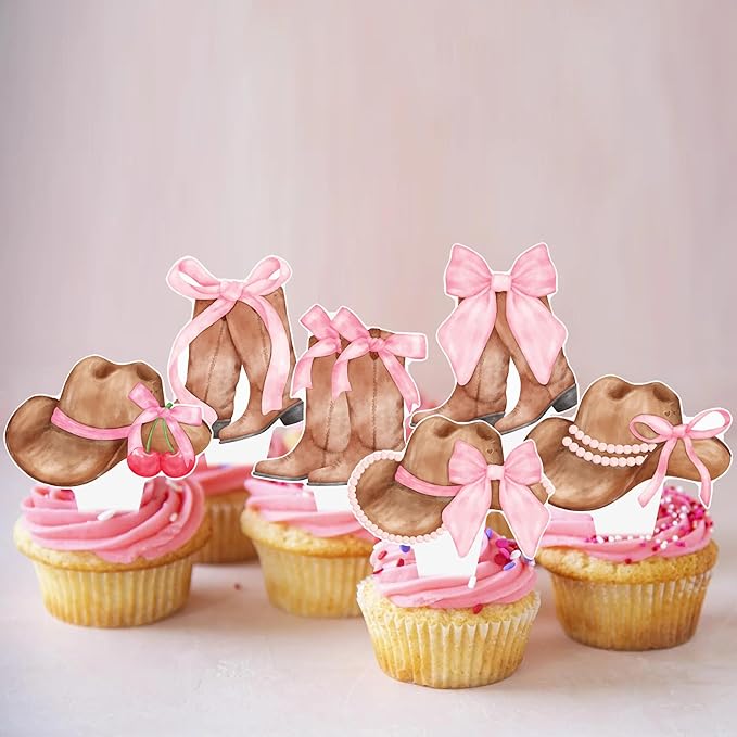 Cowgirl Boots and Hat Pink Bow Cupcake Toppers Coquette Cowgirl Cake Decorations 48PCS Boots and Hats Cupcake Picks Western Cowgirl Birthday Decorations for Girls Wild West Rodeo Party Supplies