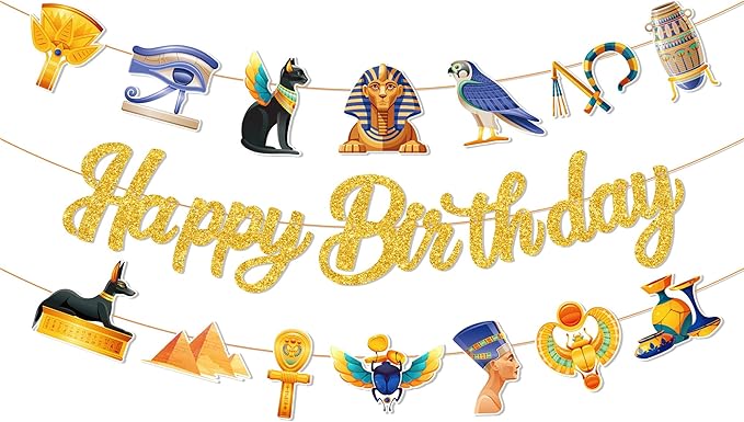 CC HOME 3Pcs Ancient Egyptian Happy Birthday Banner Pharaoh Party Hanging Banner Mythology Theme Birthday Bridal Wedding Baby Shower Boys Girls Kids Home Classroom Party Supplies Decoration