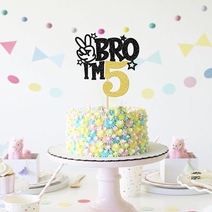 1 PCS Brother I'm 5 Cake Topper Glitter Star Happy 5th Birthday Cake Pick Bro I'm 5 Cake Decoration It's My 5th Birthday Decorations for Boys Cheers to 5 Years Old Birthday Party Supplies Gold