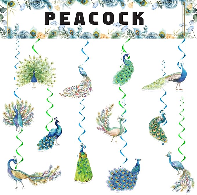 24 Pcs Peacock Hanging Decorations Hanging Swirls Ceiling Swirls Birthday Party Supplies for Peacock Party Decorations Zoo Bird Decorations