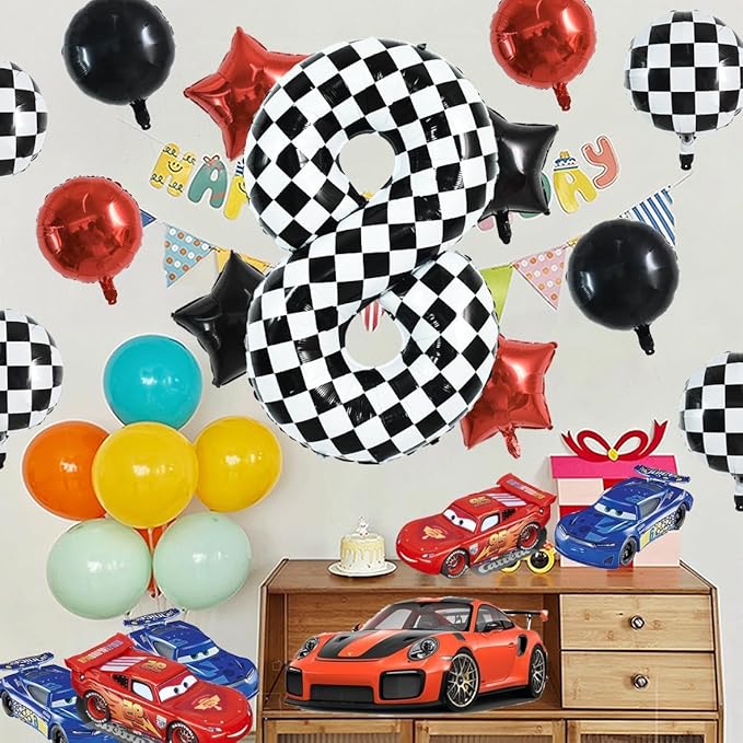 TONIFUL 40 Inch Checkered Number 8 Balloon 8th Race Car Birthday Party Supplies Black and White Large Number Balloon for Girls Boys 8th Birthday Fast Race Car Flag Party Decorations