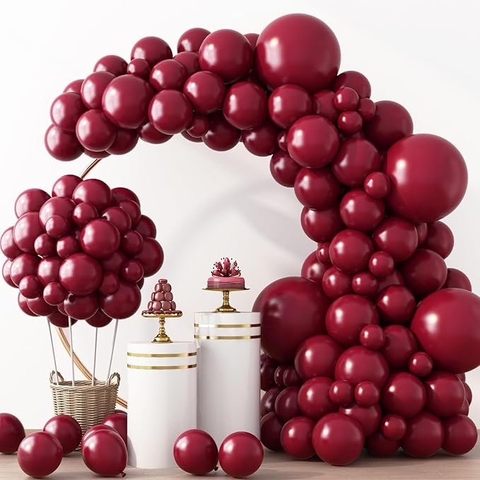 RUBFAC Burgundy Balloons 129pcs Different Sizes Pack of 18 12 10 5 Inch, Latex Maroon Dark Ruby Red Balloon Garland Arch Kit for Wedding Anniversary Birthday Party Decorations