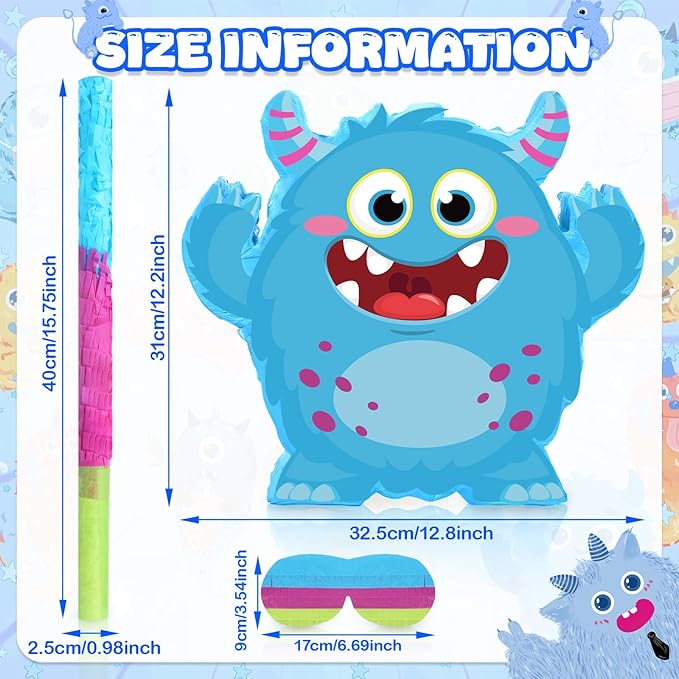 Little Monster Themed Piñata Birthday Party Decorations Cartoon Piñata with Stick Blindfold for Valentine Day Wedding Baby Shower Anniversary Party Decorations Centerpiece Photo Prop