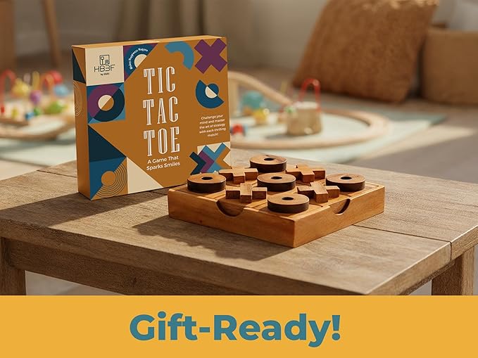 BSIRI Wooden Tic Tac Toe Game Coffee Tabletop XO Blocks Ideal for Family Living Room Games Night for Adults for Desk Decor and Unique Wood Gifts for All Occasions 5.5 Inch