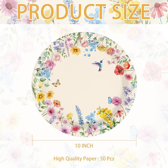 50 Pcs Wildflower Paper Plates 10" Large Vintage Wild Flower Dessert Plates Disposable Watercolor Floral Butterfly Bird Party Supplies for Spring Wedding Birthday Bridal Baby Shower Party Decorations