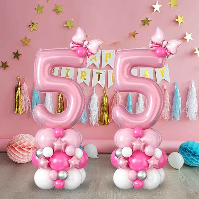 40 Inch Pink Number 5 Balloon for 5th Birthday Decoration Pastel Baby Pink Number Five Foil Balloon Tower Giant Large Digit Hot Pink White Helium Balloons Stack Stand for Girls Anniversary Party