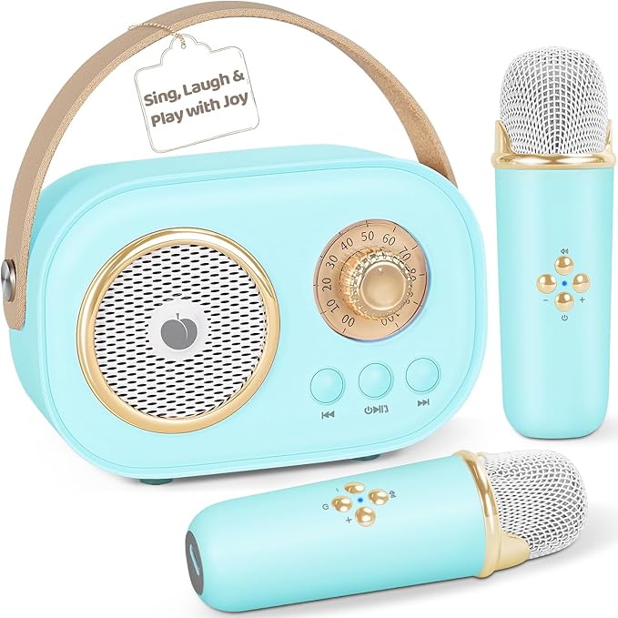 PRUNUS C20 Mini Karaoke Machine,Valentines Day Gifts for Her Him Kids Mens,Portable Bluetooth Speaker with 2 Wireless Microphone for Boys Girls 3-12+ Years Old Birthday Party Blue
