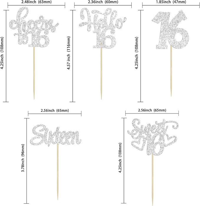 30Pcs 16th Birthday Cupcake Toppers Sixteen Happy 16 Cupcake Picks Cheers to 16 Sweet 16 Cake Decorations for 16th Birthday Anniversary Party Supplies Silver Glitter