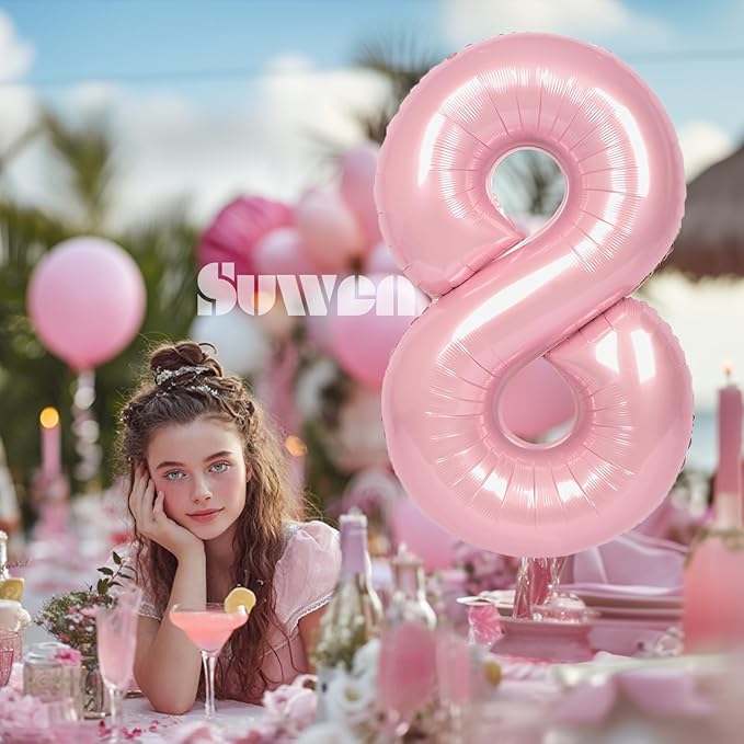 SUWEN 40 Inch Pink Large 8 Number Balloons Big Foil Helium Number Balloons 0-9 Jumbo Happy 8th Mylar Birthday Party Decorations for Girl Anniversary Party Supplies