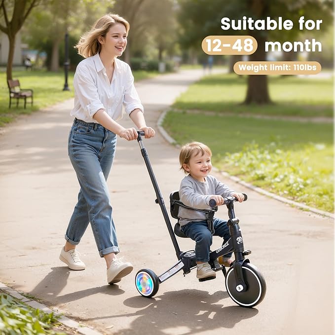 5-in-1 Tricycle for Toddlers 1-3, Convertible Toddler Bike with Push Handle & Removable Pedals, Balance Bike with Colorful Lighting Wheels, Adjustable Seat Height with Backrest (Black)