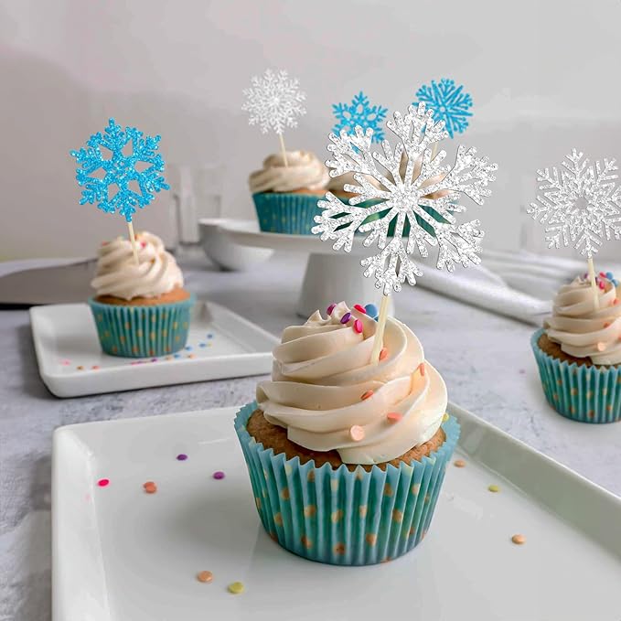 36Pcs Snowflake Cupcake Toppers Glitter Winter Frozen Theme Snowflake Cupcake Pick Decorations for Baby Shower Kids Birthday Christmas Party Decorations Supplies Blue Silver