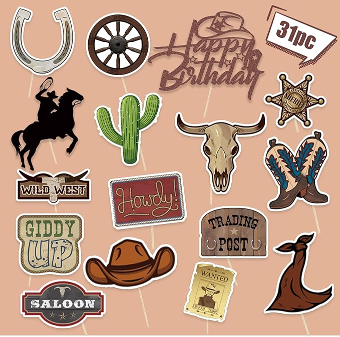 31 Pcs Cowboy Cake Toppers Glitter Cowboy Hat Cake Decorations Western Theme Happy Birthday Party Decoration for Boys Girls, Western Birthday Sign Decor Party Decor Party Supplies