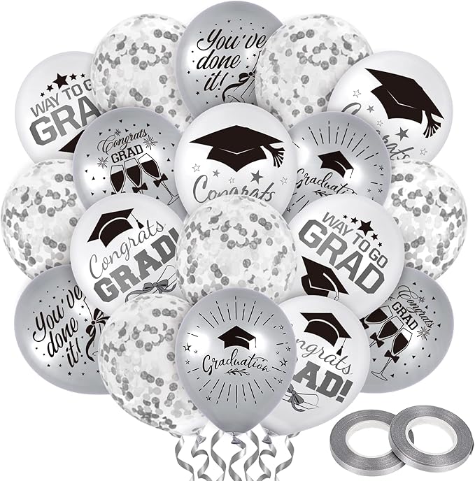 Whaline 60Pcs Graduation Party Balloon Set 7 Designs Silver White Confetti Latex Balloon with 2 Rolls Ribbon Grad Cap Congrats Grad Balloon for Graduation Party Decoration Supplies