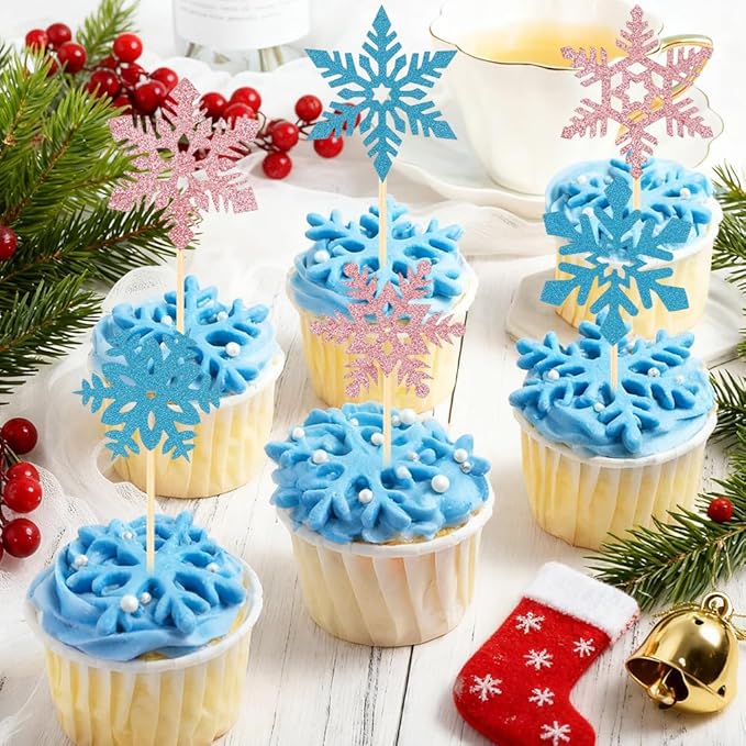 Snowflake Cupcake Toppers, 24 PCS Glitter Winter Frozen Cupcake Picks Cake Decorations, Blue and Pink Snowflake Food Picks Toppers for Christmas Winter Wonderland Baby Shower Party Decoration Supplies