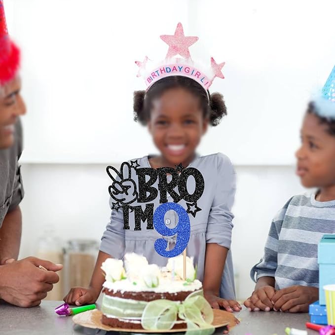 1 PCS Brother I'm 9 Cake Topper Glitter Star Happy 9th Birthday Cake Pick Bro I'm 9 Cake Decoration It's My 9th Birthday Decorations for Boys Cheers to 9 Years Old Birthday Party Supplies Blue