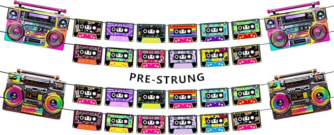 Pre-Strung 80s 90s Party Decorations, NO DIY Retro 80’s 90’s Theme Cassette Tape Banners, Boom Box Cassette Player Decor Hip Hop Music Birthday Party Supplies