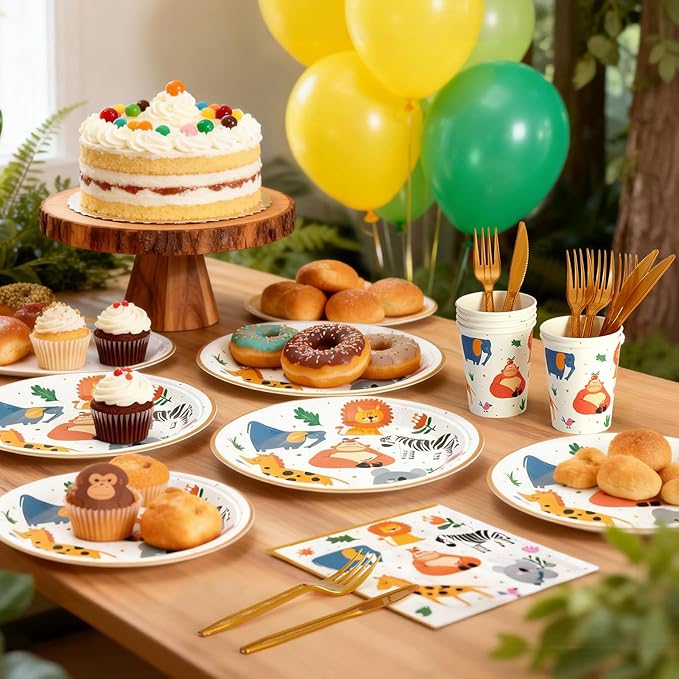 144Pcs Jungle Animals Birthday Party Supplies Decorations Animal Themed Paper Plates Napkins Vintage Party Tableware Disposable Dinnerware for Girl Boy Kid Birthday Baby Shower Table Decor, Serve 24