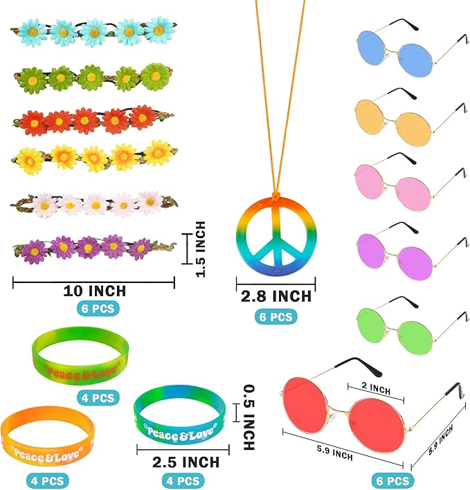 30 PCS Hippie Party Favors Retro Round Sunglasses Daisy Flower Headbands Peace Sign Necklaces Silicone Bracelets For 60s 70s Party Decorations Hippie Party Supplies
